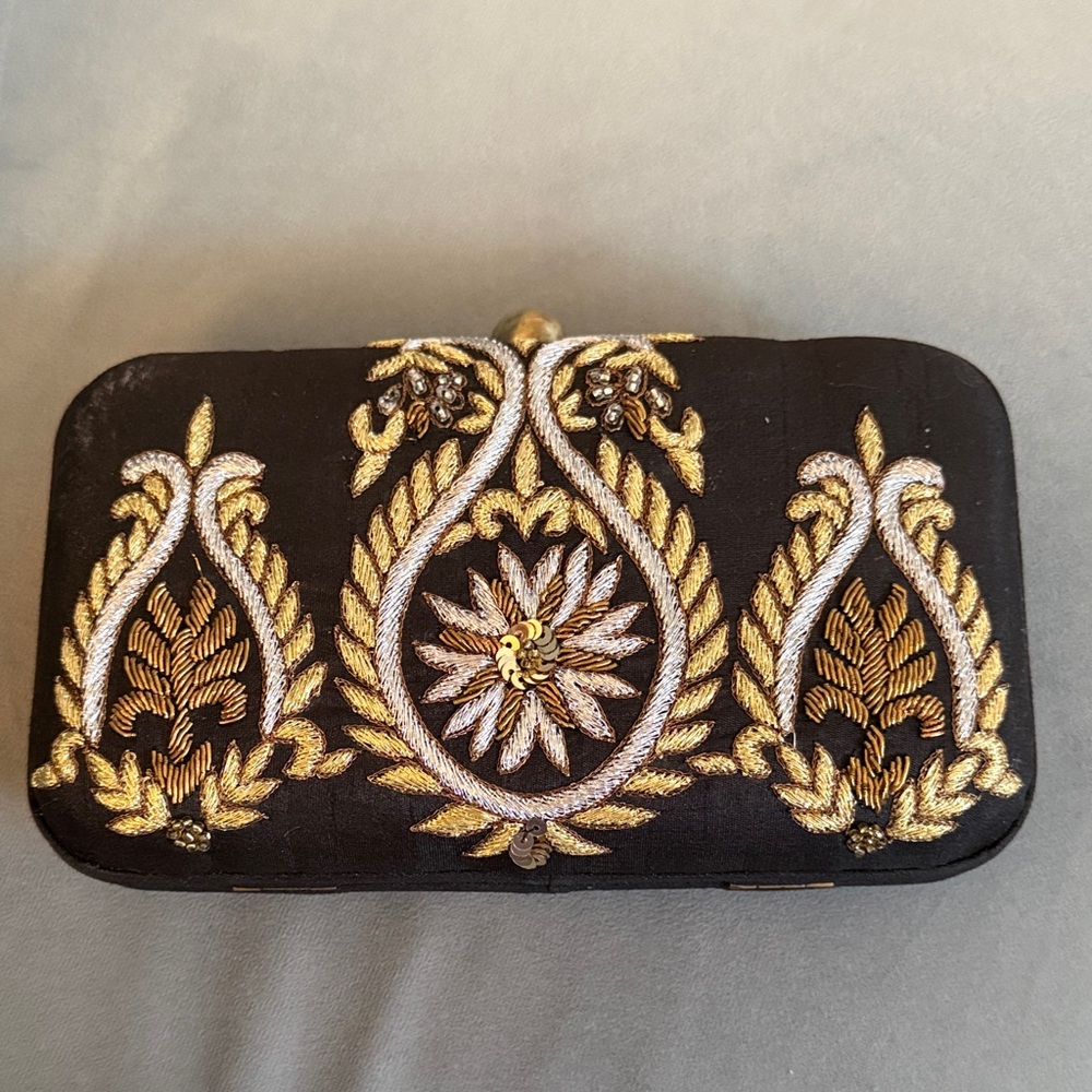Elegant Black and Gold Embroidered Clutch